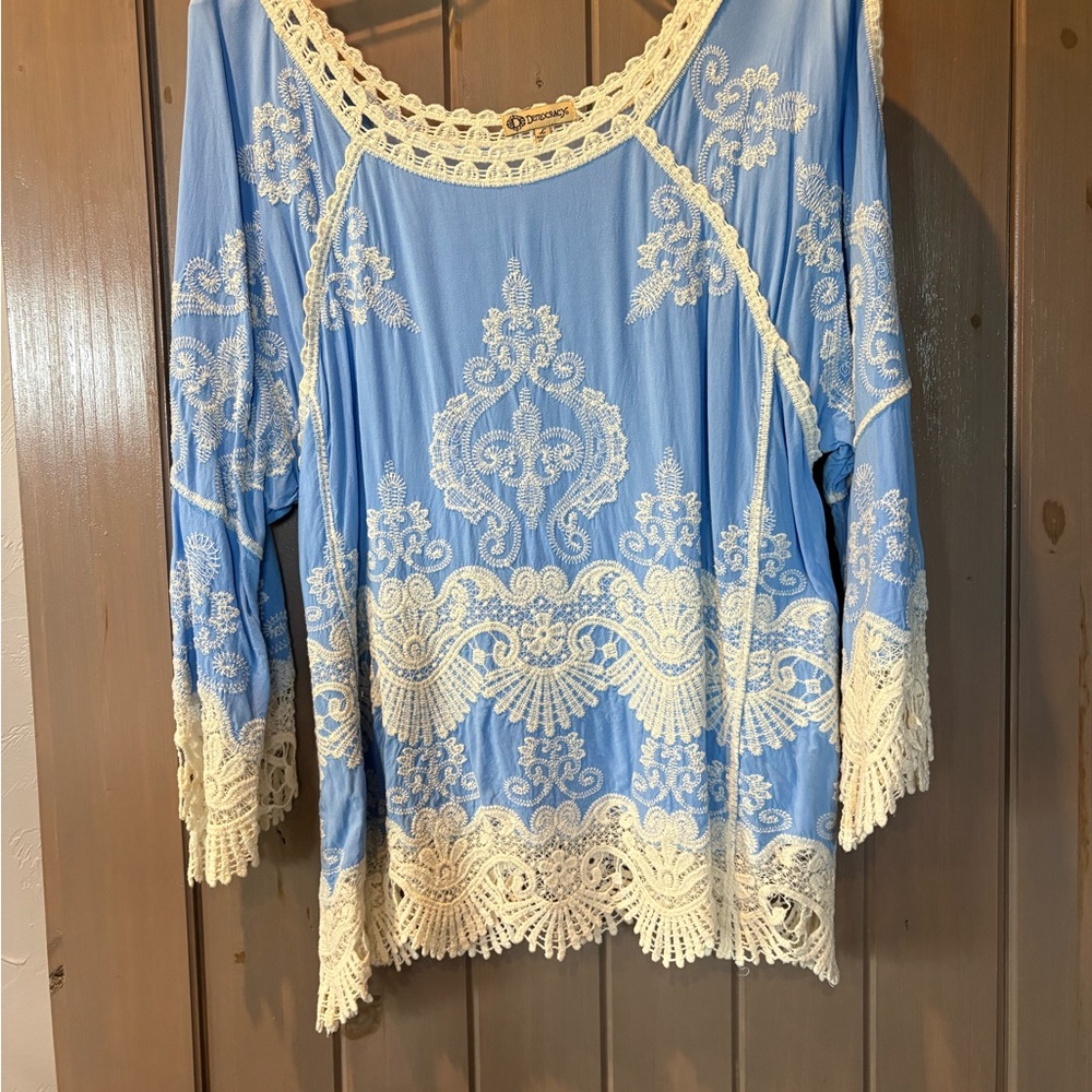 Democracy Blue and Cream Embellished Blouse